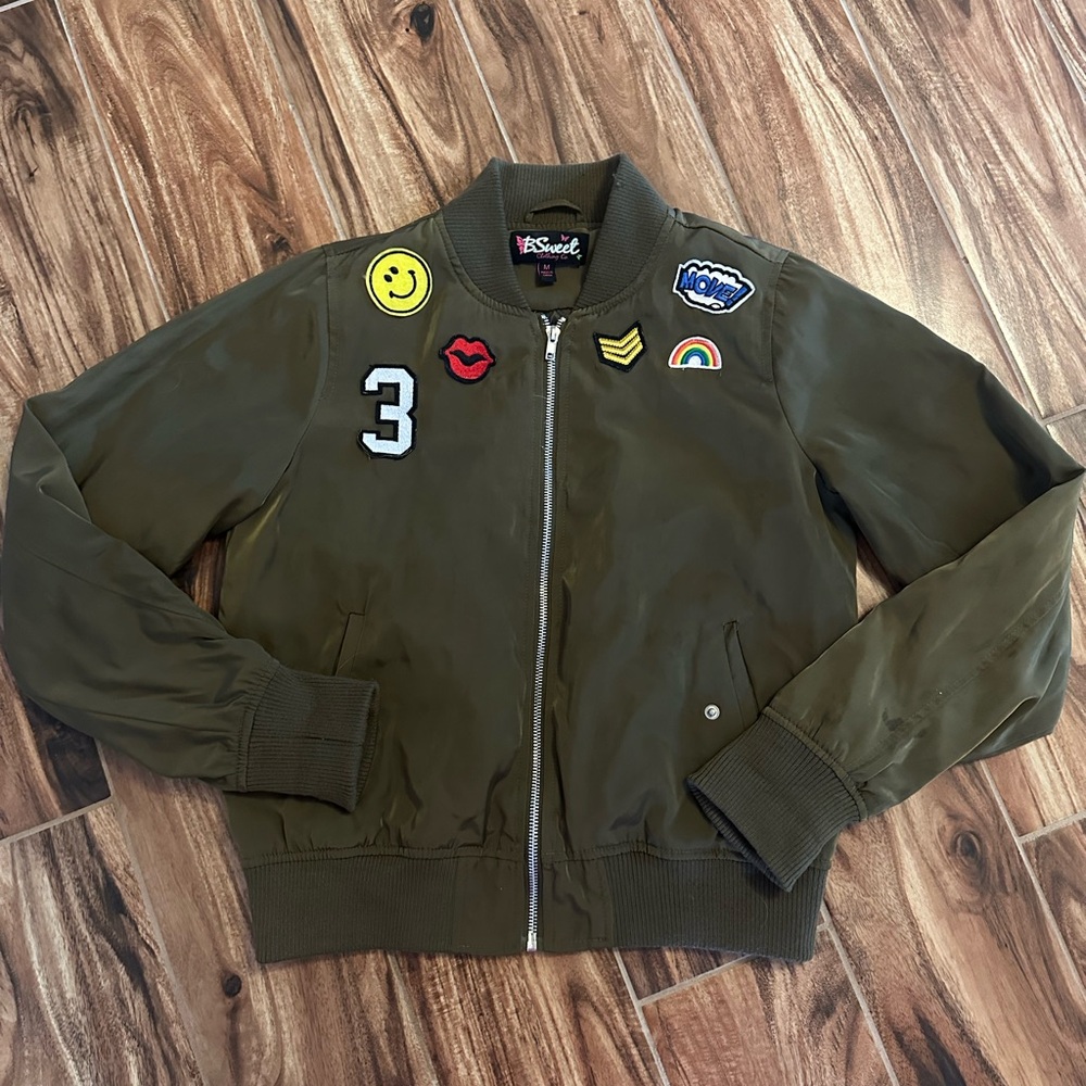 Womens Olive Bomber Jacket with Patches